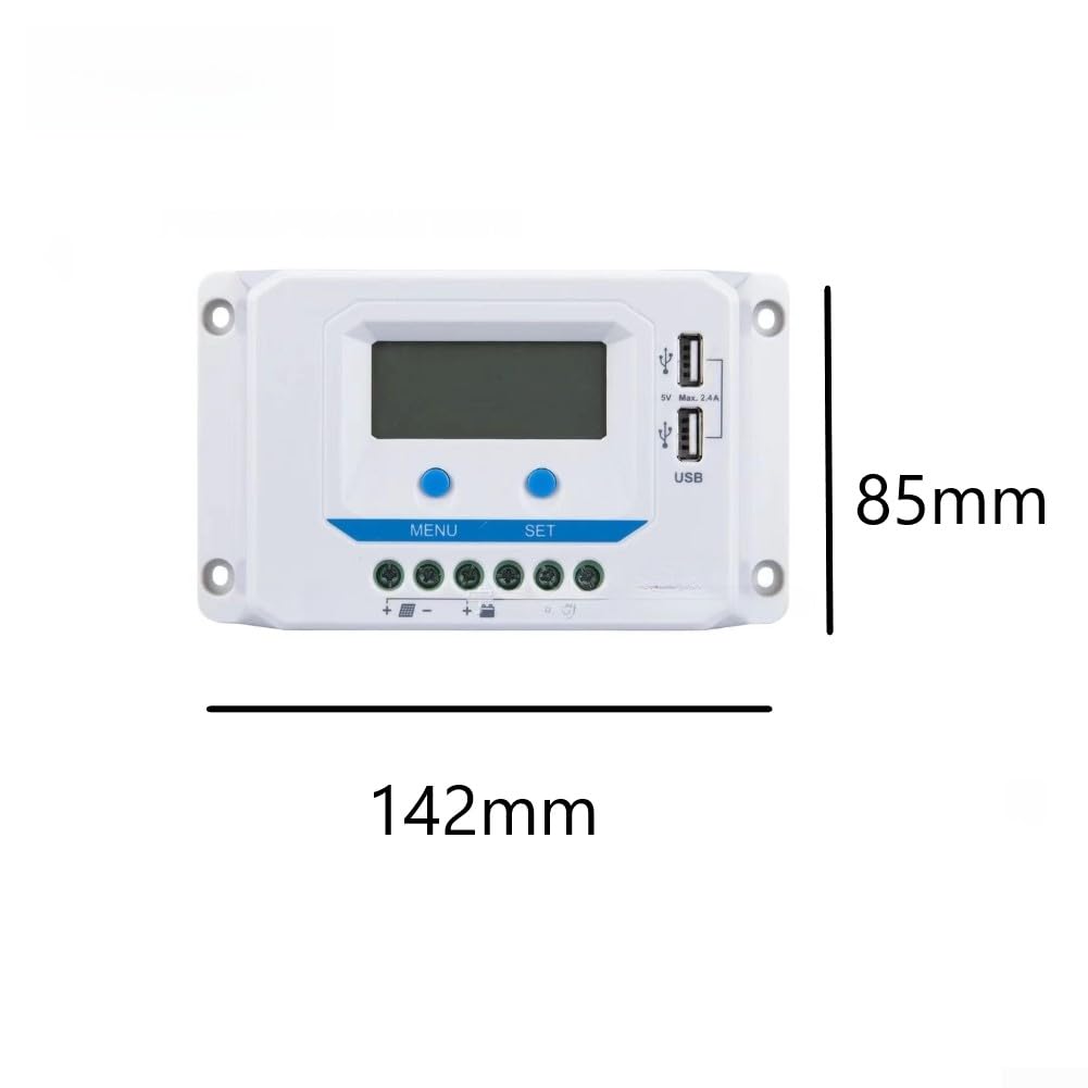 Regulador de carga solar para PWM 30 A Dual USB Port Solar Cargador para (10 A) | Para tecnología PWM, detección automática de 12/24 V, pantalla LCD clara, puertos USB duales, para RV y camping