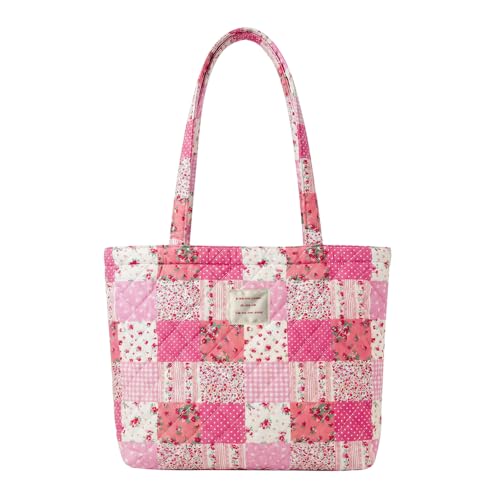 Image of Floral Quilted Cotton Shoulder Bag for Women Medium Size Handbag Large Capacity Thickened Design Tote