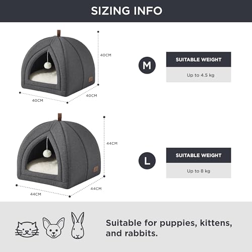 BEDSURE Katzenbett große Katzen Katzenhöhle- 44x44x44 cm Katzenhaus Indoor mit abnehmbarem Sherpa Katzenkissen und hängendem Spielzeug, Katzen Bettchen waschbar, dunkelgrau