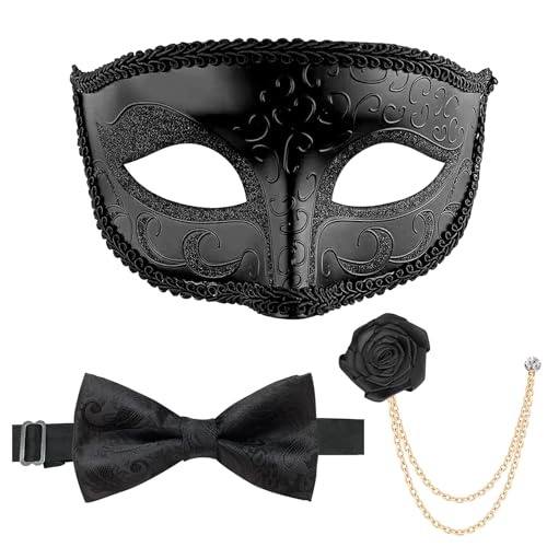 Erythem Masquerade Mask for Men Venetian Style Mens Masquerade Mask with Bowtie Brooch for Halloween Mardi Gras Costume Party