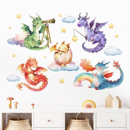 Image of Mfault Baby Dragon Wall Decals Stickers, Watercolor Dragon Eggs Decoration Nursery Kids Bedroom Art, Rainbow Cloud Stars Neutral Toddler Girls Boys Playroom Living Room Decor