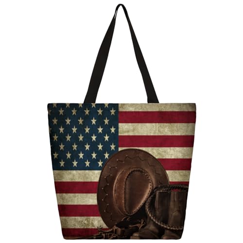 Mularoka Vintage Flag Leather Boots Large Capacity Canvas Tote Bag Stylish Handheld Shoulder Bag Reusable Shopping Bag for Work Travel Beach Trips Shopping