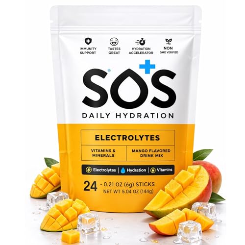 Image of SOS Hydration Electrolyte Powder Sticks | Low Sugar Rapid Hydration | Keto Friendly (24 Servings, Mango)