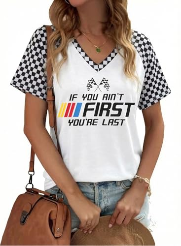 Racing Shirt for Women Vintage Checkered Flag Graphic Tshirt Race Day Car Shirts Casual Short Sleeve Tops