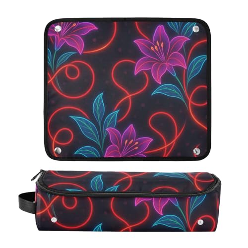 Estuche de viaje 2 en 1 para rizadores y planchas con tapete resistente al calor, impermeable y portátil con cremallera, diseño floral neón. miniatura 3