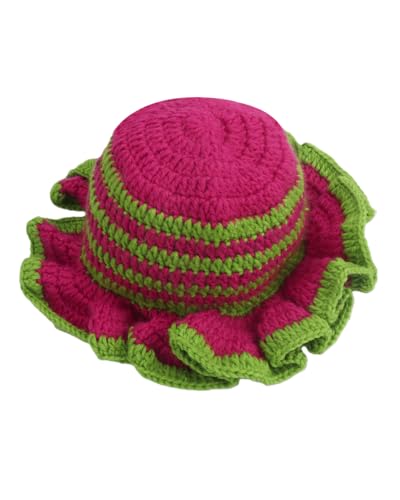 Image of Women Crochet Bucket Hat Cute Winter Ruffled Brim Floppy Cap Handmade Knit Cloche Hats