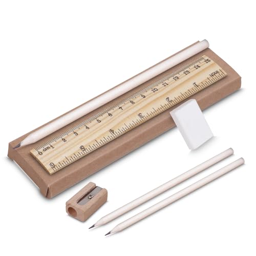 Kit Escolar com Régua 15cm, 3 Lápis, Borracha e Apontador, Estojo Kraft