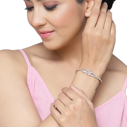 Image of ZENEME Rhodium-Plated American Diamond Studded Flower Patterned Kada Bracelet For Girls and Women