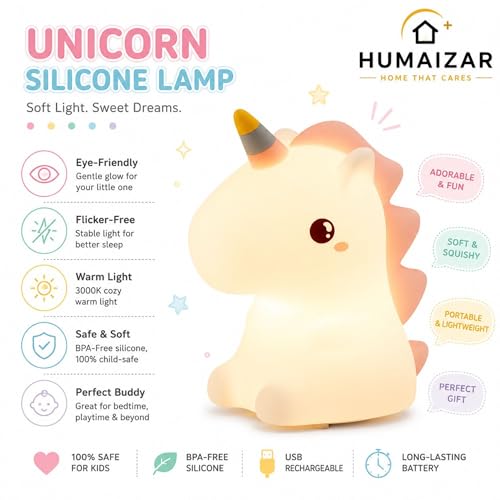 Image of HUMAIZAR Cute Unicorn Silicone LED Night Lamp - Soft Touch Kids Bedside Light for Girls Room, Nursery, Baby Sleep Lamp & Aesthetic Bedroom Decor