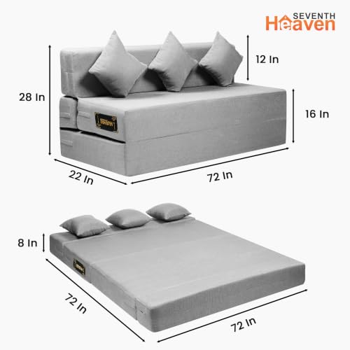 Image of Seventh Heaven Rejioce 4 Seater 6 * 6 Jute Fabric Washable Cover Sofa Cum Bed with 3 Cushions 4 Seater Double Foam Fold Out Sofa Cum Bed (Finish Color - Light Grey Delivery Condition - Pre-Assembled)
