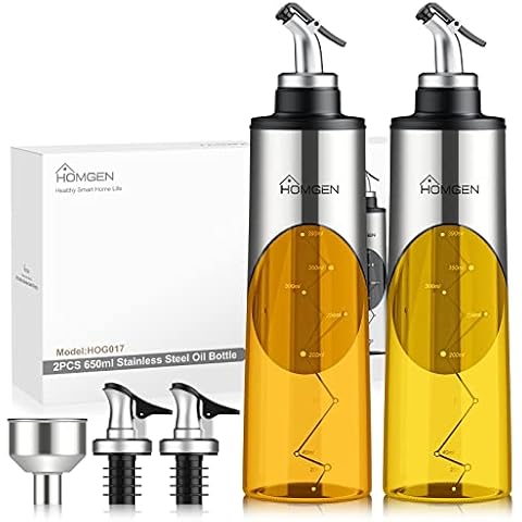 HOMGEN Ölflasche 2 PCS Essigflasche mit Ausgießer für Pressen und Dichtung 650 ml sprühflasche mit Skala aus Bleifreies Glas und Edelstahl Cover