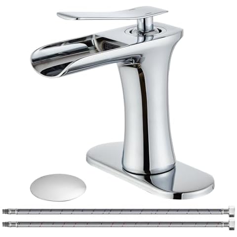 Wovier Chrome Waterfall Bathroom Sink Faucet,Single Handle Single Hole Brass Lavatory Vanity Faucet,Basin Mixer Tap with Supply Hose and Pop Up Drain Assembly Cover
