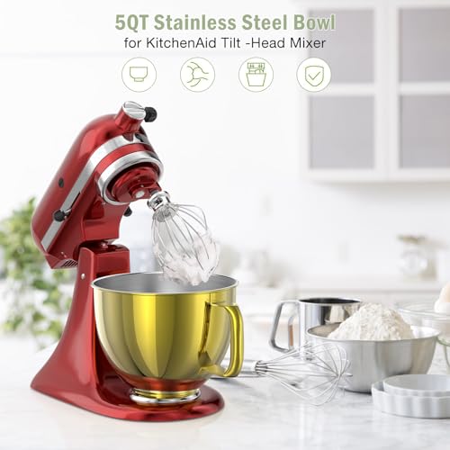 Image of 5QT Stainless Steel Mixer Bowl Compatible with Kitchen aid Stand Mixers Kitchenaid Replacement Bowl for 4.5-5 QT Tilt-Head Mixer with Handle, Gold
