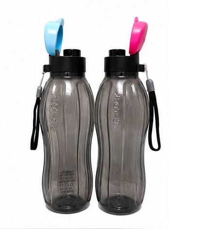 AirLock Aquasafe Fliptop Water Bottle - 1 Litre | Reusable Fridge Bottle, BPA Free and Leak Proof Bottles for Travel, Work, Black with Pink/Blue Cap Set of 2,-image-36