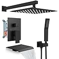 gotonovo 10'' Rain Shower Faucet System Rainfall Shower Head with Handheld Sprayer Waterfall Tub Spout Wall Mounted Mixer Combo Rough-in Valve and Trim Included 7.9 Inch Wide Spout Matte Black
