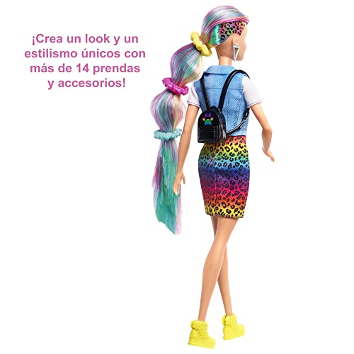 Muñeca Barbie Leopard Rainbow Hair con accesorios de peinado miniatura 5