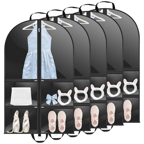 5Pcs Clear Dance Costume Garment Bags, Dust Proof Bags 40'' for Suits Dresses Foldable Zipper Closure Dance Costume Bag With Multi Zippered Pockets for Dances Competitions Ballet