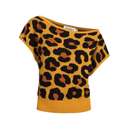 Knit Off The Shoulder T-Shirt for Women, Retro Leopard Print Ribbed Brown Tops Tee Shirts- Short Size