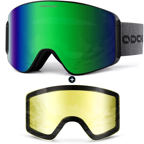 Odoland Ski Goggles Set with Detachable Lens, Frameless Interchangeable Lens, Anti-Fog UV Protection Snow Goggles for Men and Women, Helmet Compatible - Black Frame Green Lens vlt 13%
