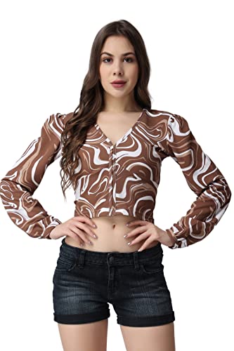 Image of POPWINGS Casual Brown Marble Prin Crop Top for Women || V-Neck Crop Top for Women || Full Sleeves Women Crop Top for Summer || Stylish Western Crop Top for Women