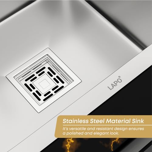 Image of LAPO Kitchen Sink Built in Stainless Steel | 21x18x9 Inch Single Bowl Design with Pre-Cut Tap Hole | UV Resistant Surface | Includes Drain Assembly, Pipe & Strainer | 20 Years Warranty (Silver Matt)