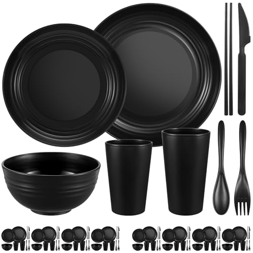 72 Pcs Plates and Bowls Sets, Unbreakable Wheat Straw Dinnerware Set Service for 8, Plastic Dish Set, Reusable Plates Bowls Cups for Kitchen, Camping, Outdoor, Dorm Microwave & Dishwasher Safe, Black