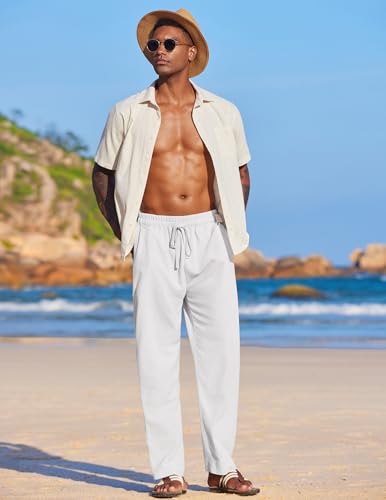 COOFANDY Men's Casual Linen Summer Beach Pants Lightweight Drawstring Elastic Waist Yoga Trousers2