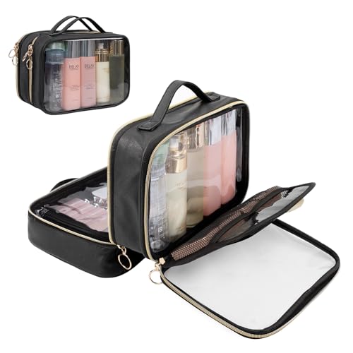 OCHEAL Makeup Bag, Double Layer Clear Make up Bag Organizer, Large Capacity Cosmetic Bag for Women Travel Beauty Essentials,Multiple Compartments Makeup Case Zipper Pouch -Clear