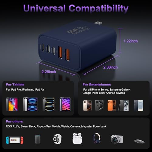 Image of USB C Fast Wall Charger Block, 2Pack 60W USBC Charging Cubes, 5-Port PD+QC Power Adapter Multiport Brick Type C Box Plug for Phone 17 /16 /15 /14 /13 /12 /11 /Pro Max /Plus, Pad Mini /Pro /S25 /S24-Deep Blue