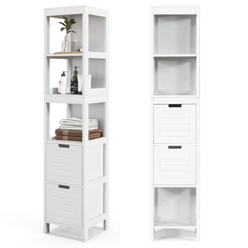 LIFEZEAL Armario Alto con 2 cajones extraíbles, Mueble de almacenaje de pie de Madera, Mueble de pie, 30 x 30 x 145cm, Diseño Moderno, para Baño, Cocina, Salón, Dormitorio, Blanco