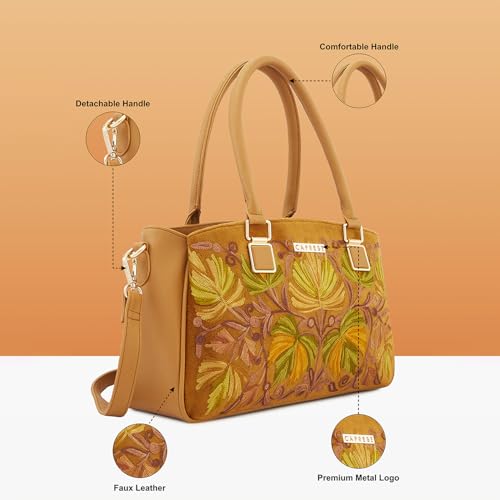 Image of Caprese Siji Tresana Large Satchel Bag for Women | Kashida Embroidery Handbag with Adjustable & Detachable Strap & 3 Spacious Compartments | Stylish Handheld Bag for Work, Travel & Everyday Use