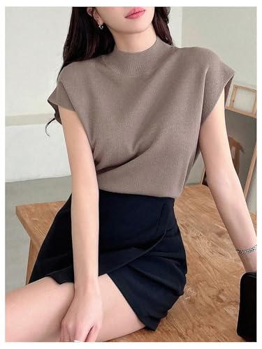Image of GORGLITTER Women's Cap Sleeve Mock Neck Knit Tops Basic Short Sleeve Sweater Knitwear Dusty Purple Medium