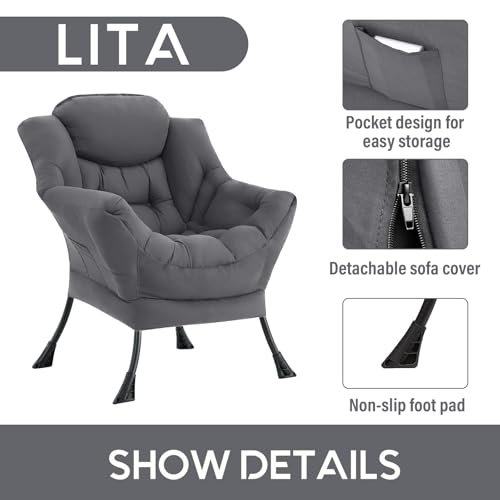 Image of LITA Lazy Chair with Armrests and Side Pocket, Modern Upholstered Accent Reading Chair for Living Room, Bedroom, Dorm, Small Spaces, Single Dark Grey
