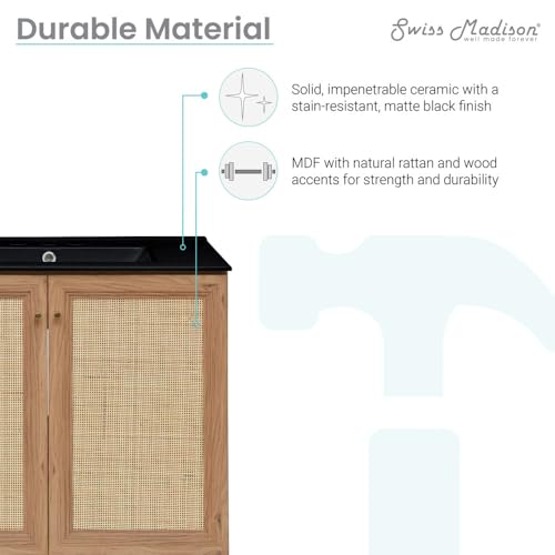Image of Swiss Madison Classe 30 in. Brown Oak Bathroom Vanity with Black, 3-Hole Ceramic Sink Top