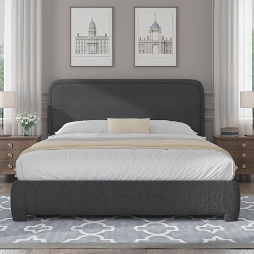 Image of BarnFurin Queen Bed Frame, Cloud Boucle Headboard, Rounded Corners, Grey