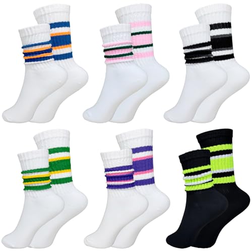 Women Retro Striped Crew Socks, Vintage Knit Mid Calf Rib Tube Slouch Casual Sport Calf Sock