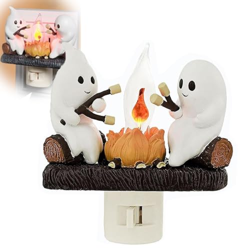 Halloween Ghost Campfire Flickering Night Light - 3D Electric Faux Flame Decor with 2 Ghosts Roasting Marshmallows, Soft Warm LED Glow,Portable Energy-Saving Indoor Decor for Kids & Adults (A1)