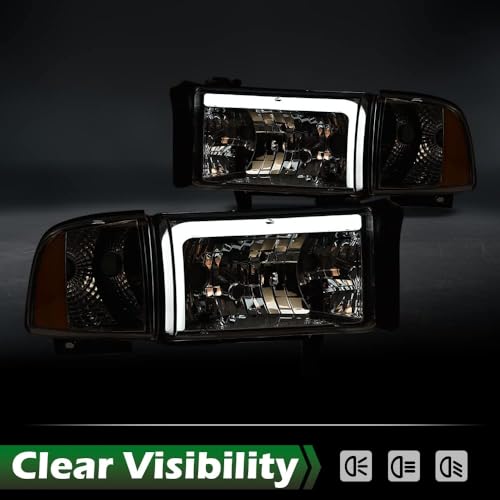Image of GRAND ORANGE LED DRL Headlights Assembly, Compatible with Dodge Ram 1500 2500 3500 1994-2002 Headlamps Clear lens Black Housing Clear Corner Headlamps