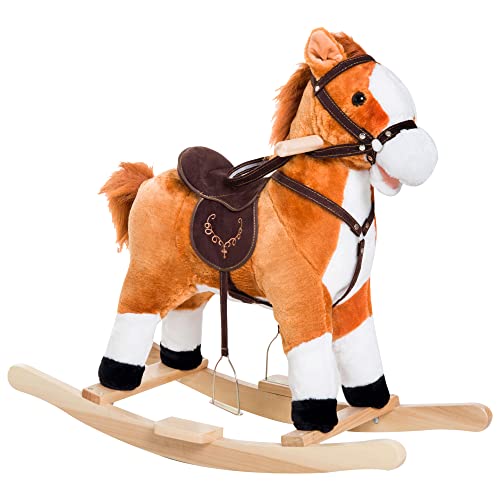 Qaba Kids Plush Toy Rocking Horse Ride on with Realistic Sounds – Brown