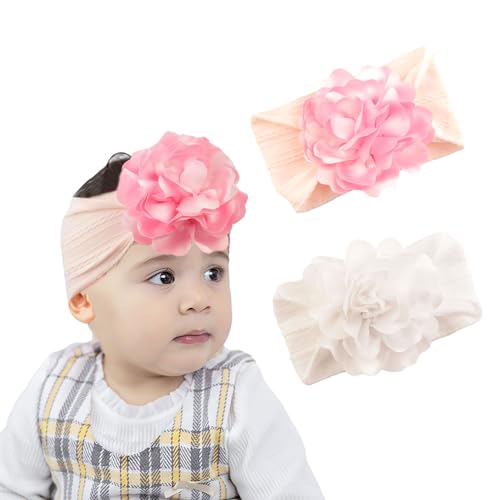 2PCS Baby Girls Flower Headbands Soft Nylon Hairbands Handmade Hair Accessories For Kids Toddlers Infants Newborn Child(white and pink, elastic)