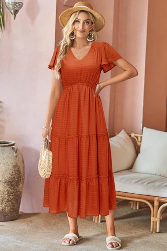 Image of VOTEPRETTY Women's 2026 Summer Boho Maxi Dresses Flutter Short Sleeve V Neck Casual Beach Wedding Guest Vacation Long Dress