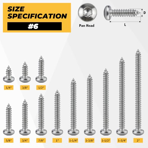100 tornillos Torx autoperforantes cabeza pan #6 x 1-1/4 acero inoxidable miniatura 3