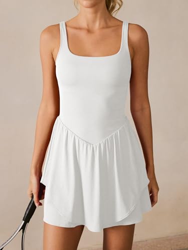 Image of Caracilia Women Tennis Golf Dress with Pocket | Square Neck 2 Layers Hem, Built in Shorts and Bra, Workout Athletic Active Gym, Summer Clothes