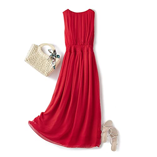 Youllyuu 100% Mulberry Silk Dress Women Summer Beach Solid Midi Dress Tank Sleeveless Irregular Holiday Robe3