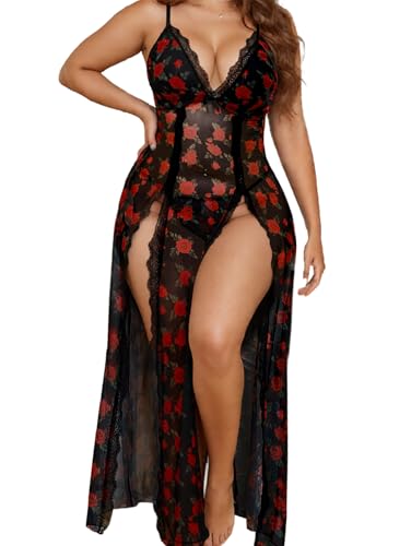 Image of Alrovetoney Plus Size Lingerie For Women Babydoll Sexy Mesh Maxi Nightdress Exotic Sleepwear Side Slits