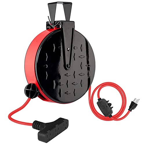 EP 30 Ft Retractable Extension Cord Reel, 16/3 SJTW Power Cord with 3 Electrical Outlets, Ceiling or Wall Mount, 10 Amp Circuit Breaker, Adjustable Stopper, Metal Plate, UL Listed, Red