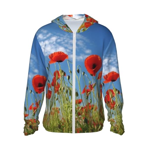 UPF 50+ Light Jacket Full Zip Sun Protection Hoodie for Women Men Long Sleeve Poppies on Blue Sky Sun Shirts