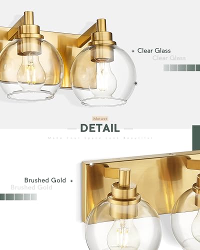 Image of Bathroom Light Fixtures, 2 Light Brushed Gold Vanity Light, Modern Wall Sconces with Clear Glass Globe Shade, Bathroom Wall Lights Over Mirror Kitchen Bedroom Hallway, VL195-GD-2