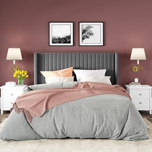 Allewie Queen Size Velvet Bed Frame/Vertical Channel Tufted Wingback Headboard/Upholstered Platform Bed/Strong Wooden Slats/No Box Spring Needed/Easy Assembly/Grey