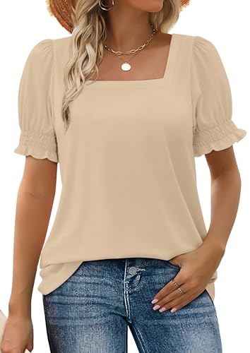 Image of WIHOLL Tops for Women Summer Casual Ruffle Trim Sleeve Square Neck T Shirts